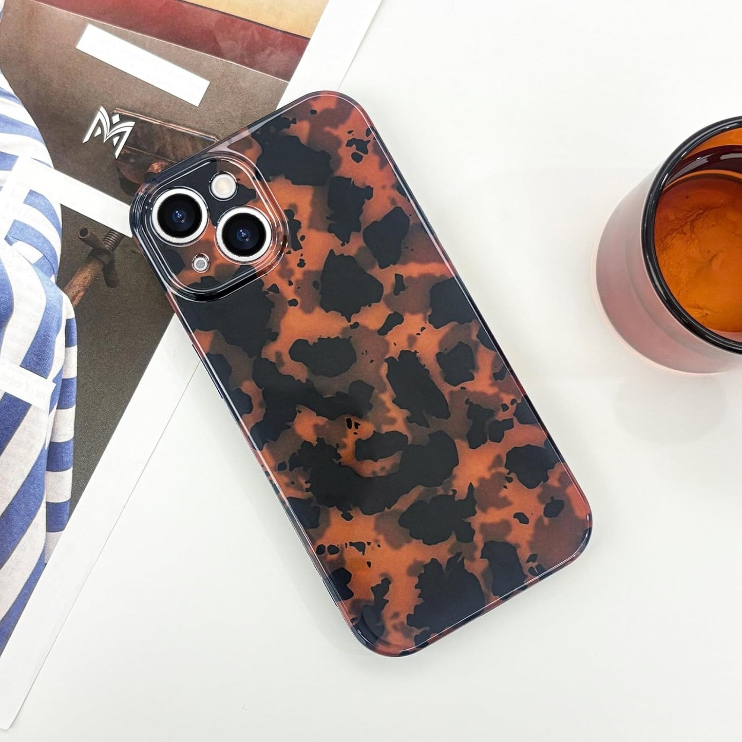 SupraCalm Aesthetic Tortoise Shell Phone Case for iPhone 13 14 15 16, Retro Cool Girl Leopard Print Brown Amber Trendy Full Camera Protective