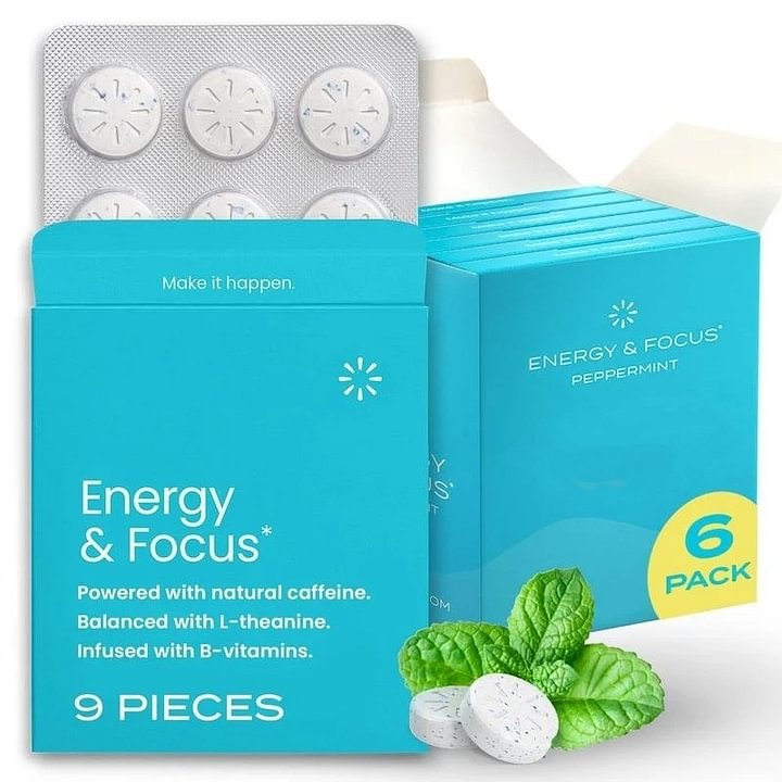 Nootropiques à la caféine pour l'énergie et la concentration - Sans sucre avec L-théanine, caféine, vitamine B12 et vitamine B6 - Saveur menthe poivrée