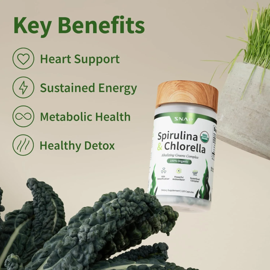Supplements Organic Spirulina and Chlorella Capsules | Chlorophyll and Protein Rich Blue Green Algae Superfood Supplement for Energy and Immune Support, Vegan, Non GMO, Greens Blend, 120 Capsules