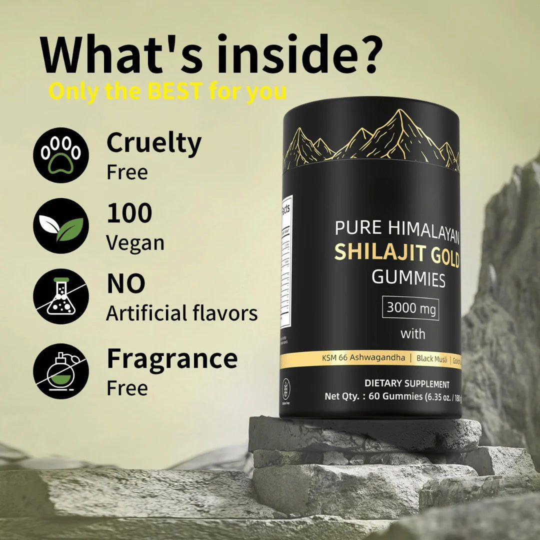 Himalayan Shilajit Gummies with Ashwagandha & Gokshura - Vegan, Sugar-Free, 60 Count