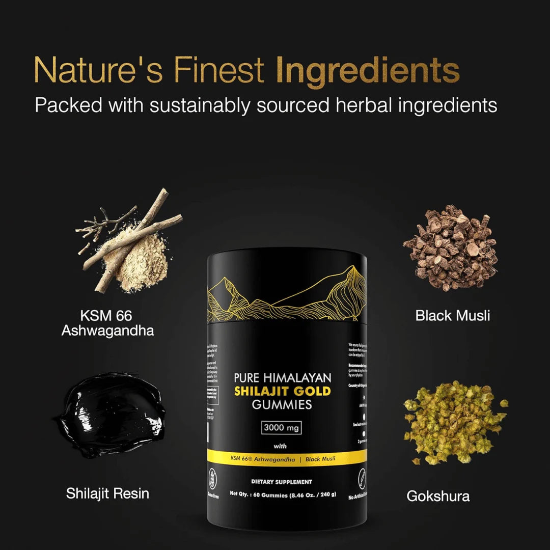 Himalayan Shilajit Gummies with Ashwagandha & Gokshura - Vegan, Sugar-Free, 60 Count