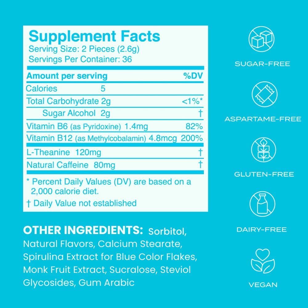 Nootropiques à la caféine pour l'énergie et la concentration - Sans sucre avec L-théanine, caféine, vitamine B12 et vitamine B6 - Saveur menthe poivrée