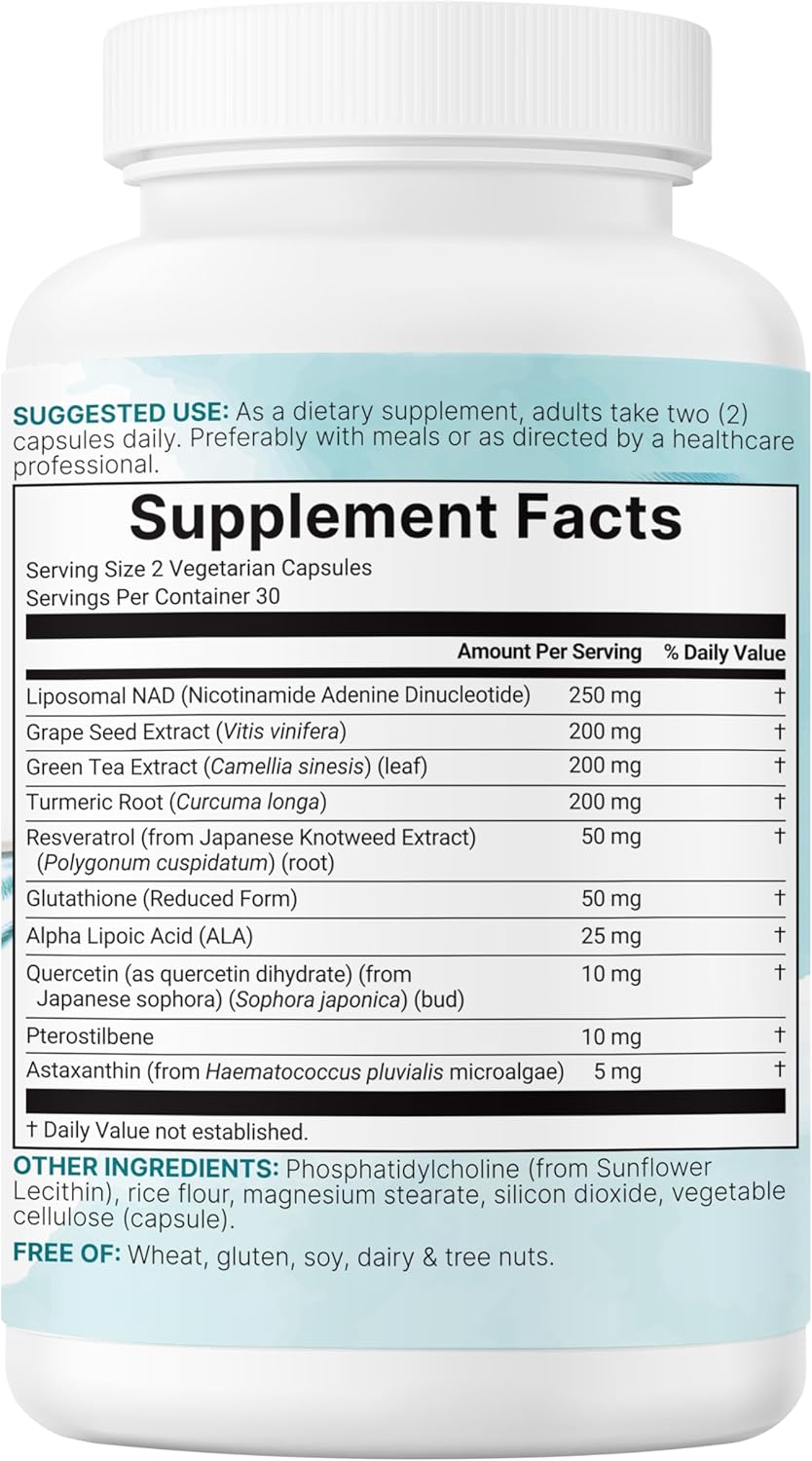 Liposomal NAD+ Ultimate 1,000mg | 60 Veggie Capsules | NMN Pathway Formula | 10-in-1 with Resveratrol, Glutathione & Astaxanthin | NAD Supplement for Women & Men | Anti-Aging, Energy, & Brain Support