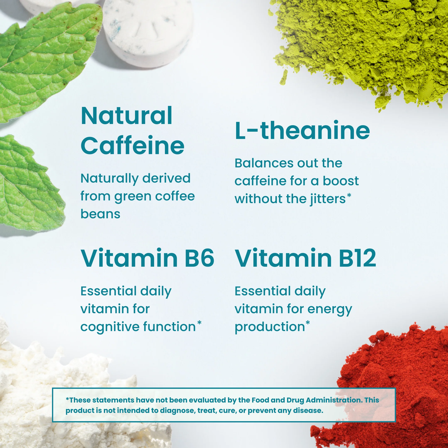Nootropiques à la caféine pour l'énergie et la concentration - Sans sucre avec L-théanine, caféine, vitamine B12 et vitamine B6 - Saveur menthe poivrée