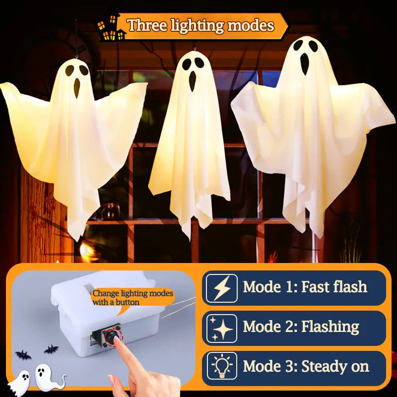 👻Halloween Hanging Ghost Light Decoration, Outdoor Indoor Night Glow Decor for Yard Porch Tree, Holiday Party Supplies Lighted(4PCS)