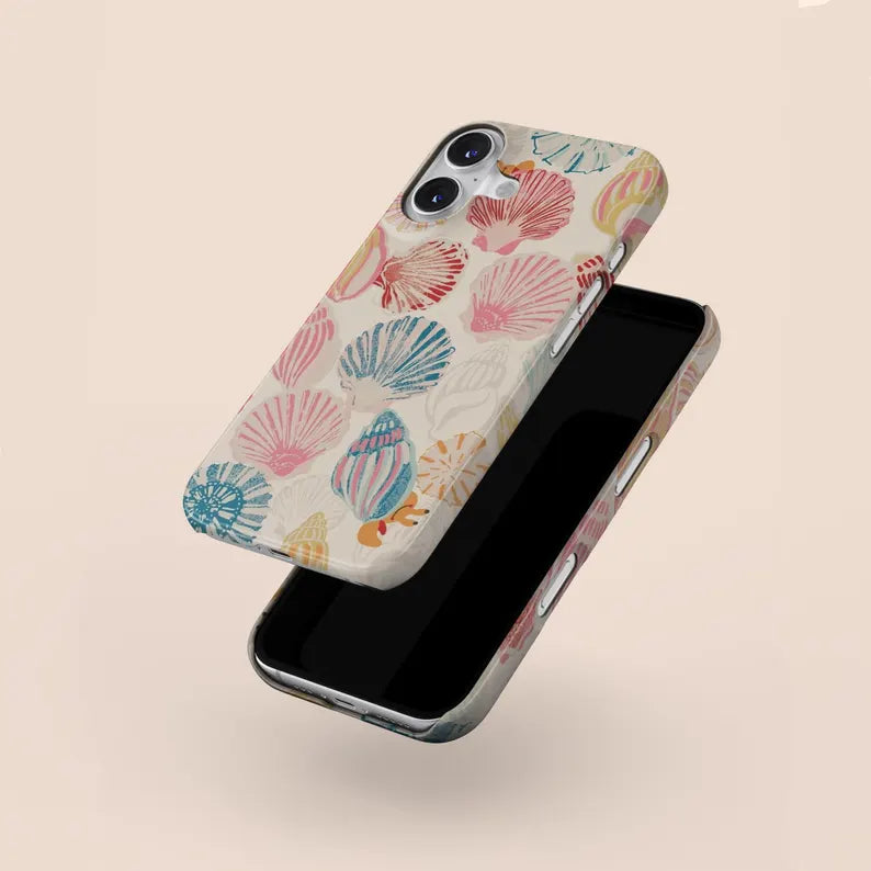 Vintage Seashell Pattern Phone Case, Beachy Tropical Phone Case, Protective Phone Case Hybrid 2-Layer Hard Shell for Girl Boy Women Men. iPhone 16 15 14 13 12 11 Pro Max X XS,