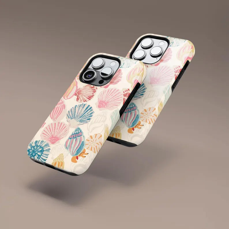 Vintage Seashell Pattern Phone Case, Beachy Tropical Phone Case, Protective Phone Case Hybrid 2-Layer Hard Shell for Girl Boy Women Men. iPhone 16 15 14 13 12 11 Pro Max X XS,