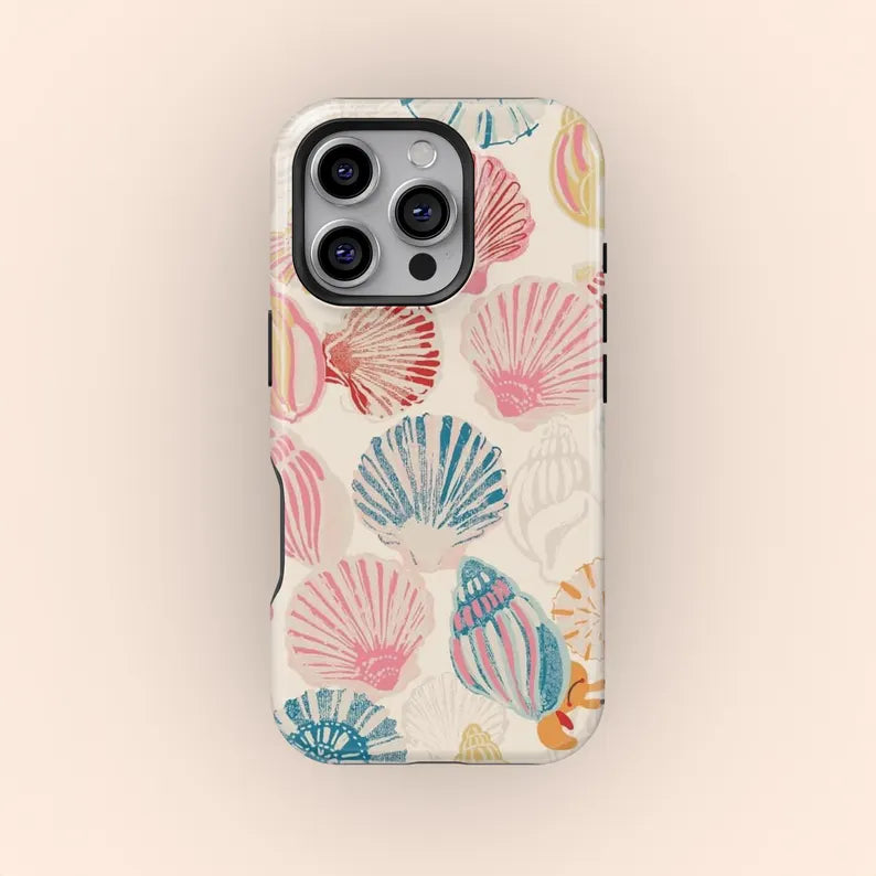 Vintage Seashell Pattern Phone Case, Beachy Tropical Phone Case, Protective Phone Case Hybrid 2-Layer Hard Shell for Girl Boy Women Men. iPhone 16 15 14 13 12 11 Pro Max X XS,