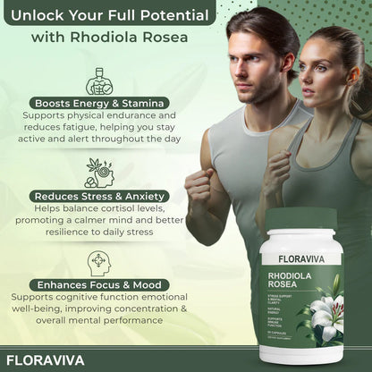 Rhodiola Rosea Capsules - Floravida for Energy, Focus, Mood - 60 Capsules