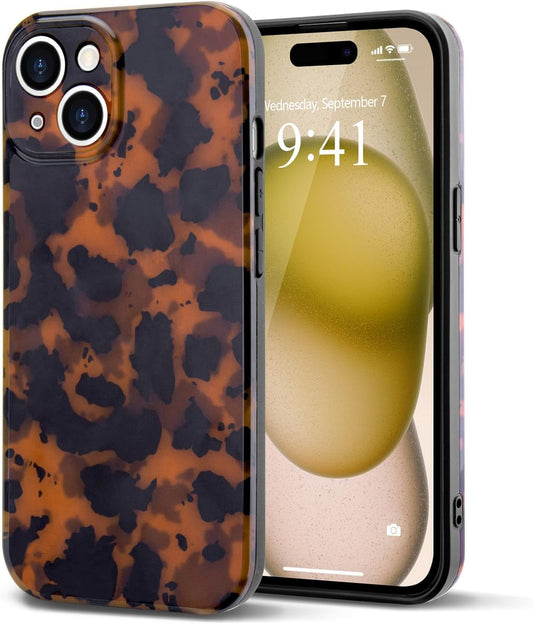 SupraCalm Aesthetic Tortoise Shell Phone Case for iPhone 13 14 15 16, Retro Cool Girl Leopard Print Brown Amber Trendy Full Camera Protective