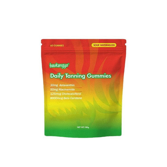 New Daily Tanning Gummies - 60 tart watermelon flavored gummies, beneficial for skin health.