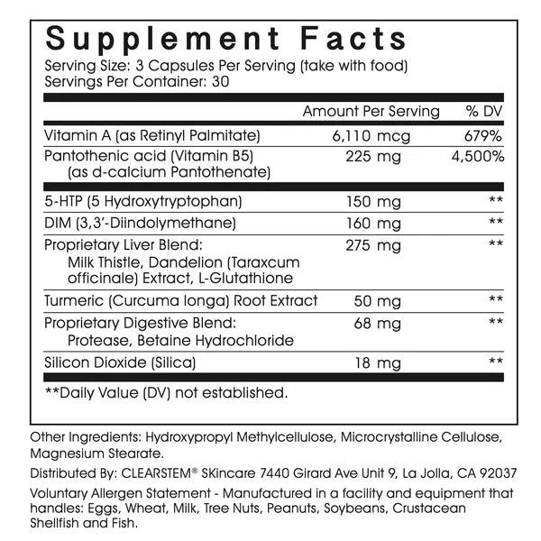 CLEARSTEM MINDBODYSKIN™ Vitamin Supplement – Hormonal Acne & Skin Balance Formula – 90 Capsules