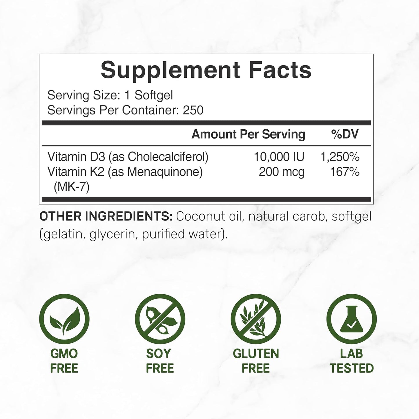 DEAL SUPPLEMENT Vitamin D3 10,000 IU + K2 MK7 200mcg Softgels, 250 Count | 2-in-1 Complex with Virgin Coconut Oil | Supports Heart, Bone, Teeth & Immune Health* | Easy to Swallow