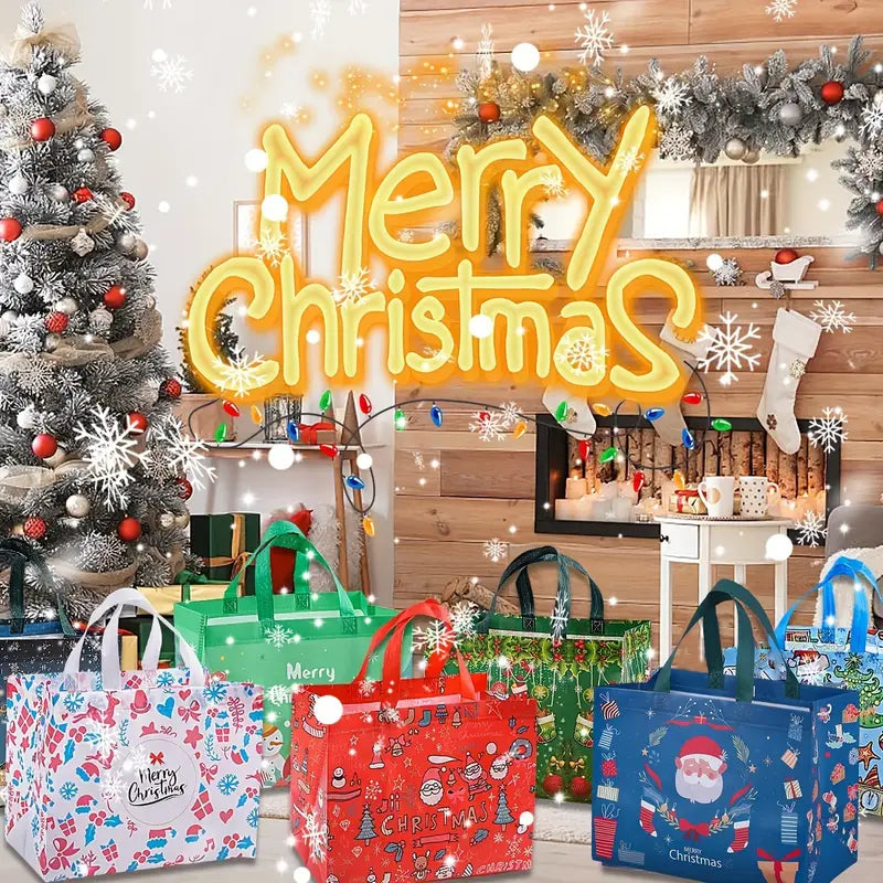Reusable Christmas Gift Bags Set of 16 | Assorted Holiday Designs, Water-Resistant & Foldable for Easy Storage
