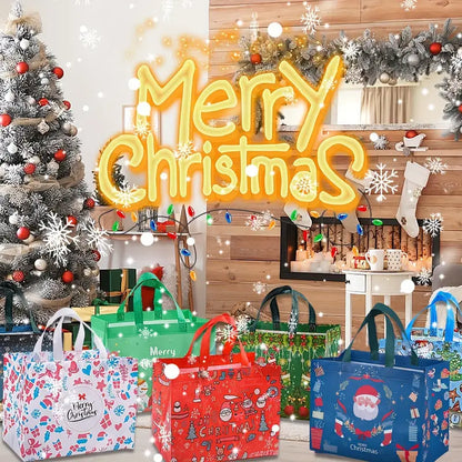 Reusable Christmas Gift Bags Set of 16 | Assorted Holiday Designs, Water-Resistant & Foldable for Easy Storage