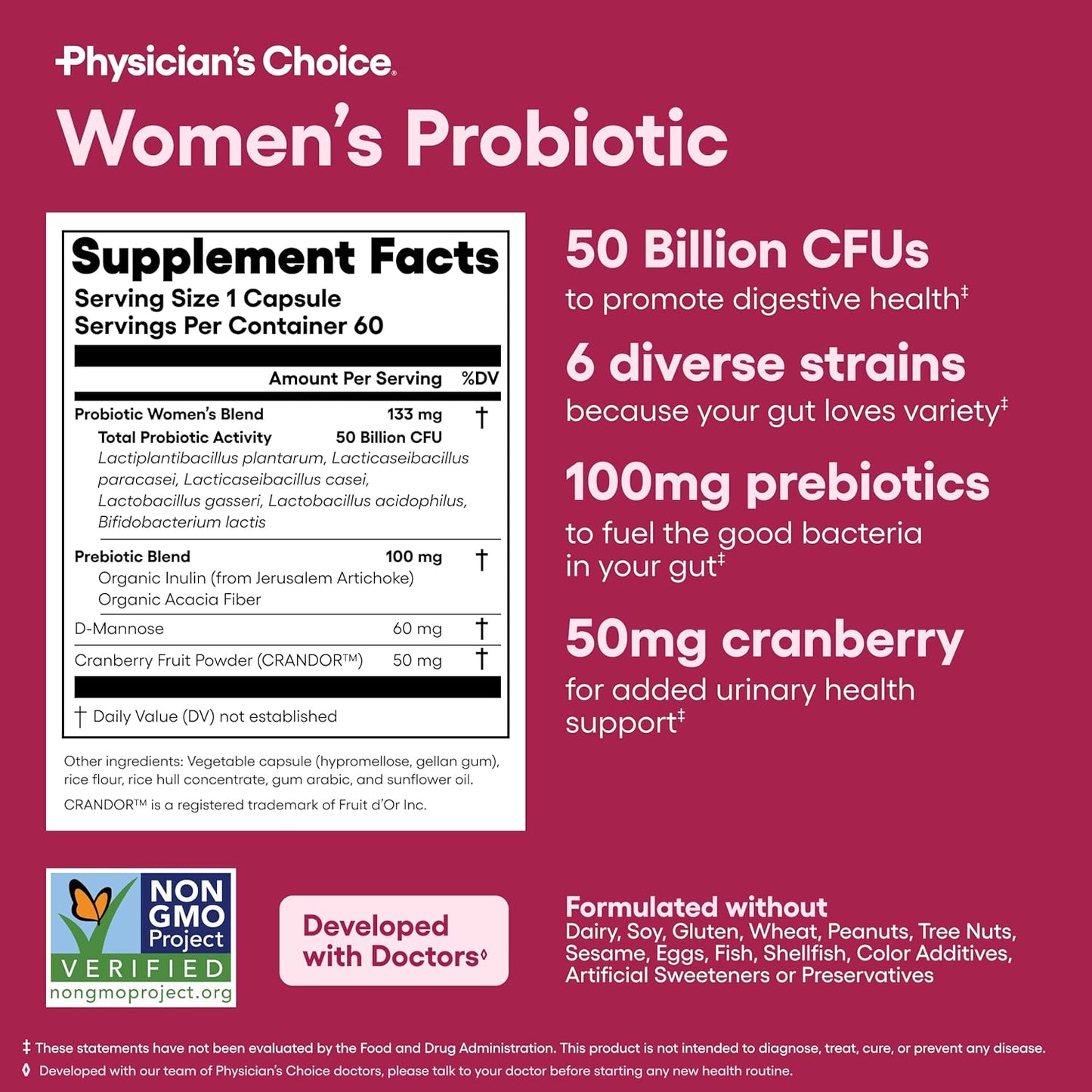 Physician's Choice Probiotics - PH Balance, Digestive, UT, & Feminine Health - 50 Billion CFU - 6 Unique Strains for Women - Organic Prebiotics, Cranberry Extract+ - Probiotic - 60 CT