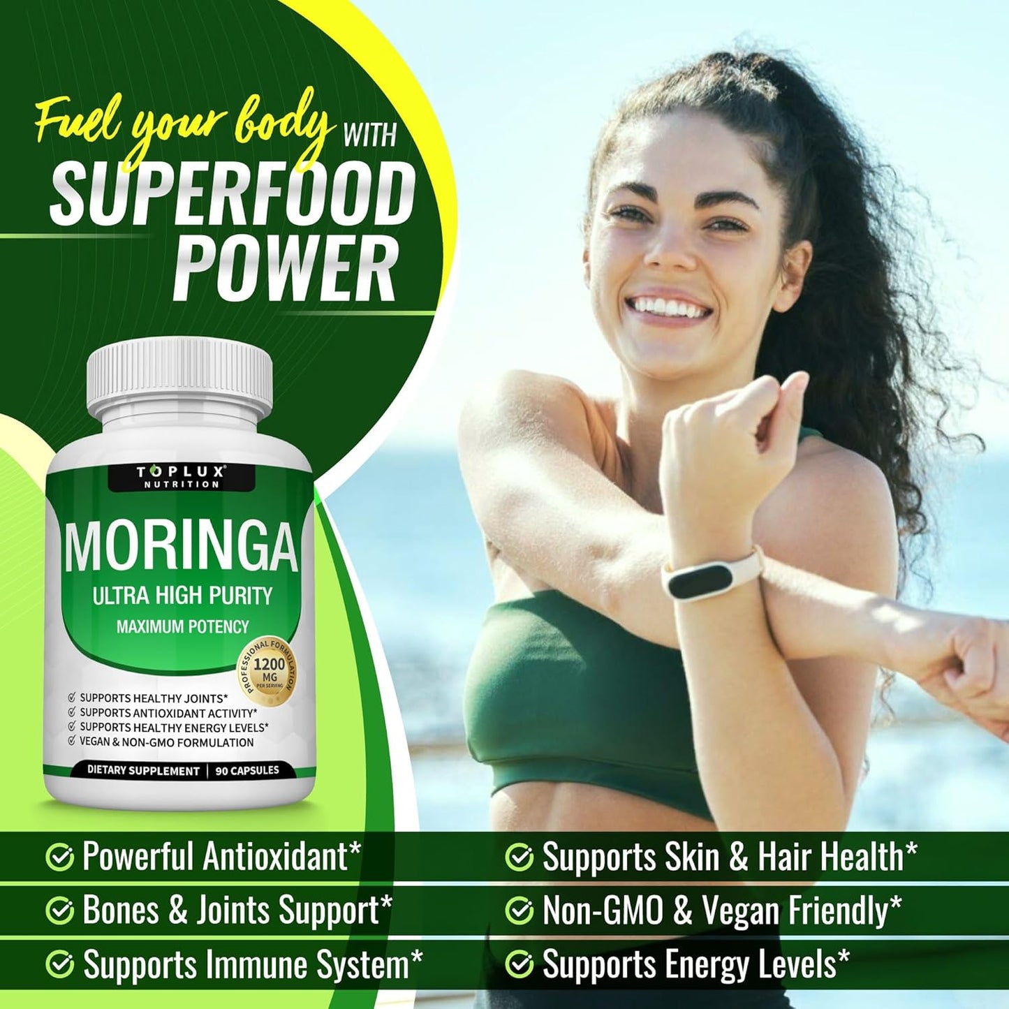 Moringa Capsules 1200mg – Pure Oleifera Leaf Superfood for Immune & Skin Health | Vegan, Non-GMO | 90 Capsules