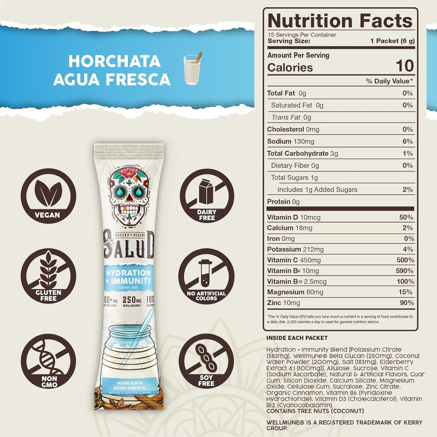 2-in-1 Hydration Packets + Immunity Electrolytes Powder, Dairy & Soy Free, Non-GMO, Gluten Free, Vegan, Low Calorie, 1g Sugar (15 Servings Horchata)