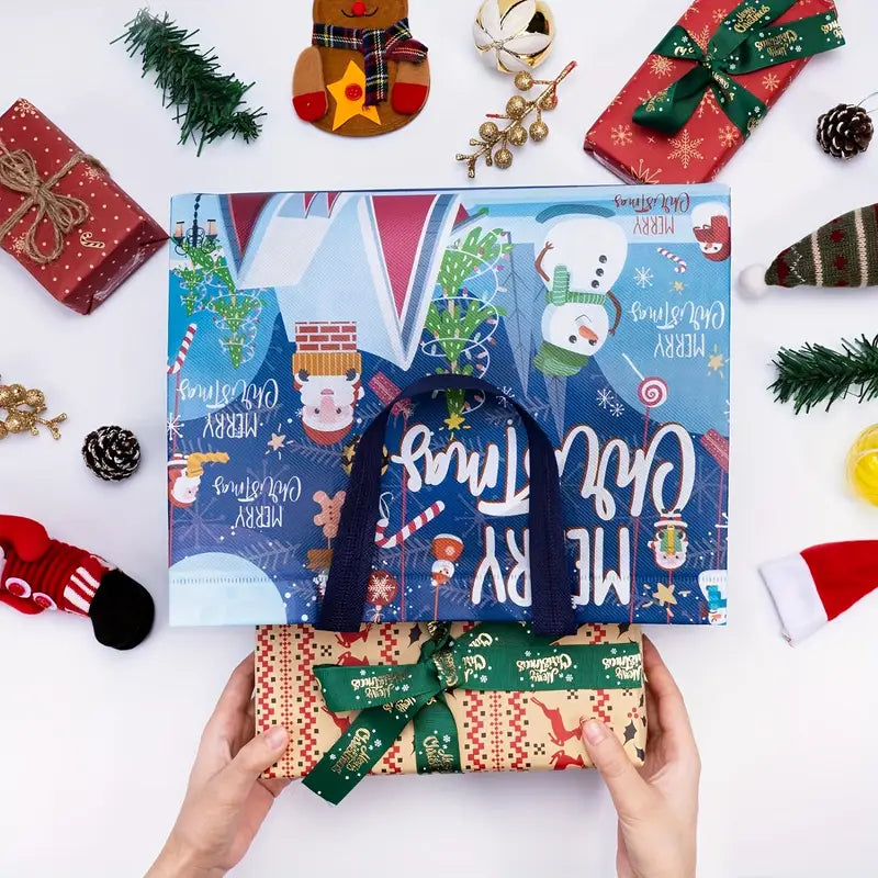 Reusable Christmas Gift Bags Set of 16 | Assorted Holiday Designs, Water-Resistant & Foldable for Easy Storage