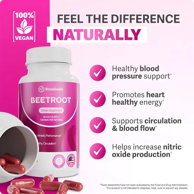 Organic Beet Root Capsules 1300mg Powder for Healthy Circulation Vitality Non-GMO Supplement 60 Capsules 30-Day Supply