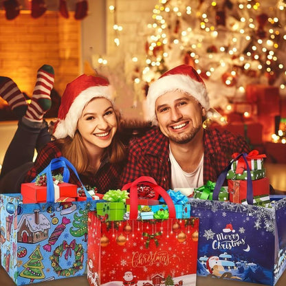Reusable Christmas Gift Bags Set of 16 | Assorted Holiday Designs, Water-Resistant & Foldable for Easy Storage