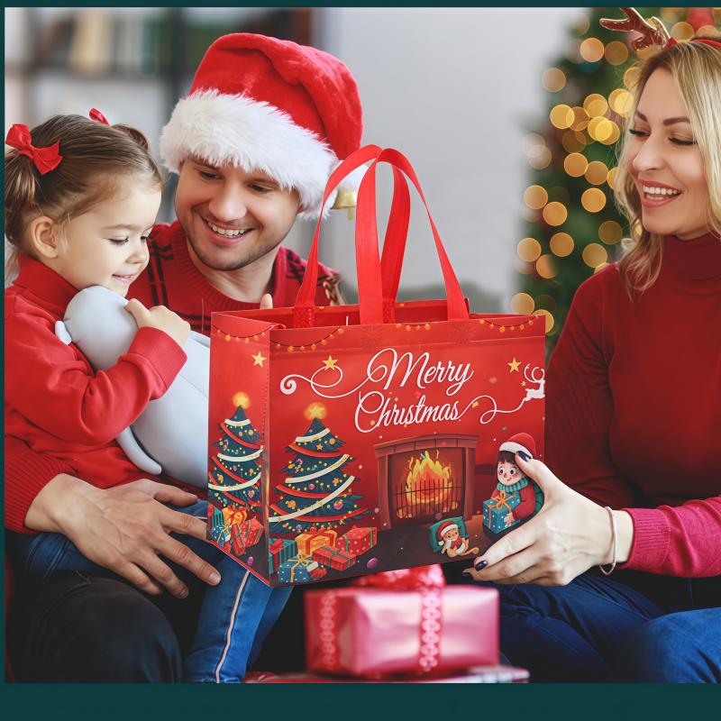 Reusable Christmas Gift Bags Set of 16 | Assorted Holiday Designs, Water-Resistant & Foldable for Easy Storage