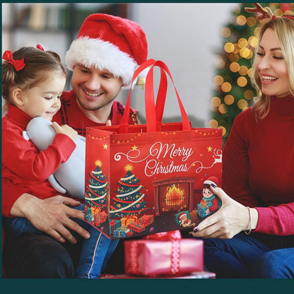 Reusable Christmas Gift Bags Set of 16 | Assorted Holiday Designs, Water-Resistant & Foldable for Easy Storage