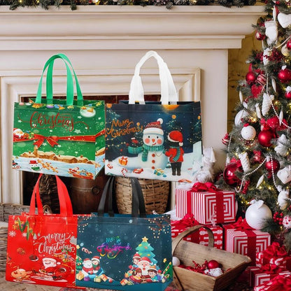 Reusable Christmas Gift Bags Set of 16 | Assorted Holiday Designs, Water-Resistant & Foldable for Easy Storage