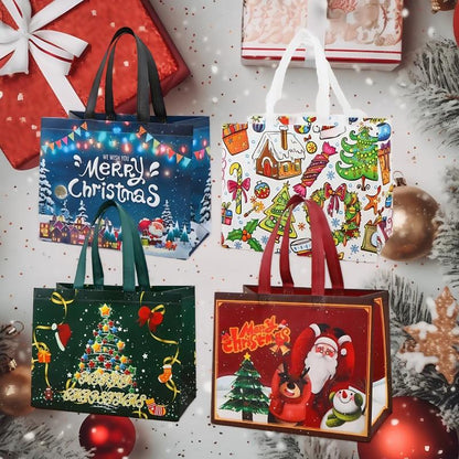 Reusable Christmas Gift Bags Set of 16 | Assorted Holiday Designs, Water-Resistant & Foldable for Easy Storage
