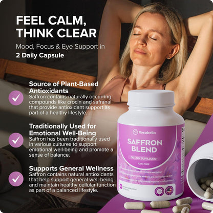 Rosabella Saffron Blend – Mood & Focus Support – Saffron, B6, Magnesium – 60 Capsules