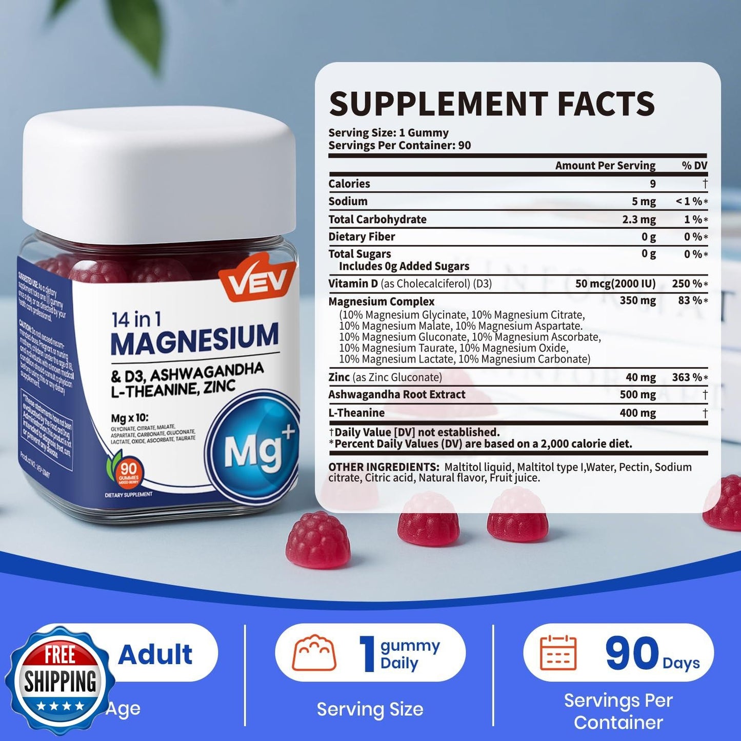 14-in-1 Magnesium Complex Gummies – with Ashwagandha, L-Theanine, D3