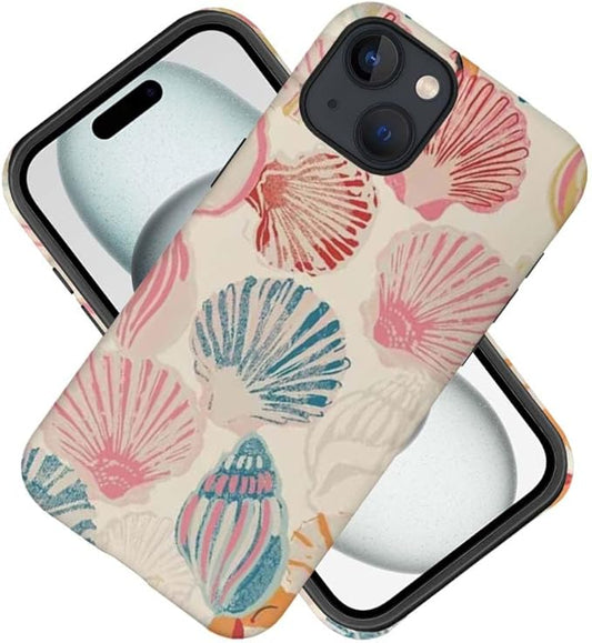 Vintage Seashell Pattern Phone Case, Beachy Tropical Phone Case, Protective Phone Case Hybrid 2-Layer Hard Shell for Girl Boy Women Men. iPhone 16 15 14 13 12 11 Pro Max X XS,